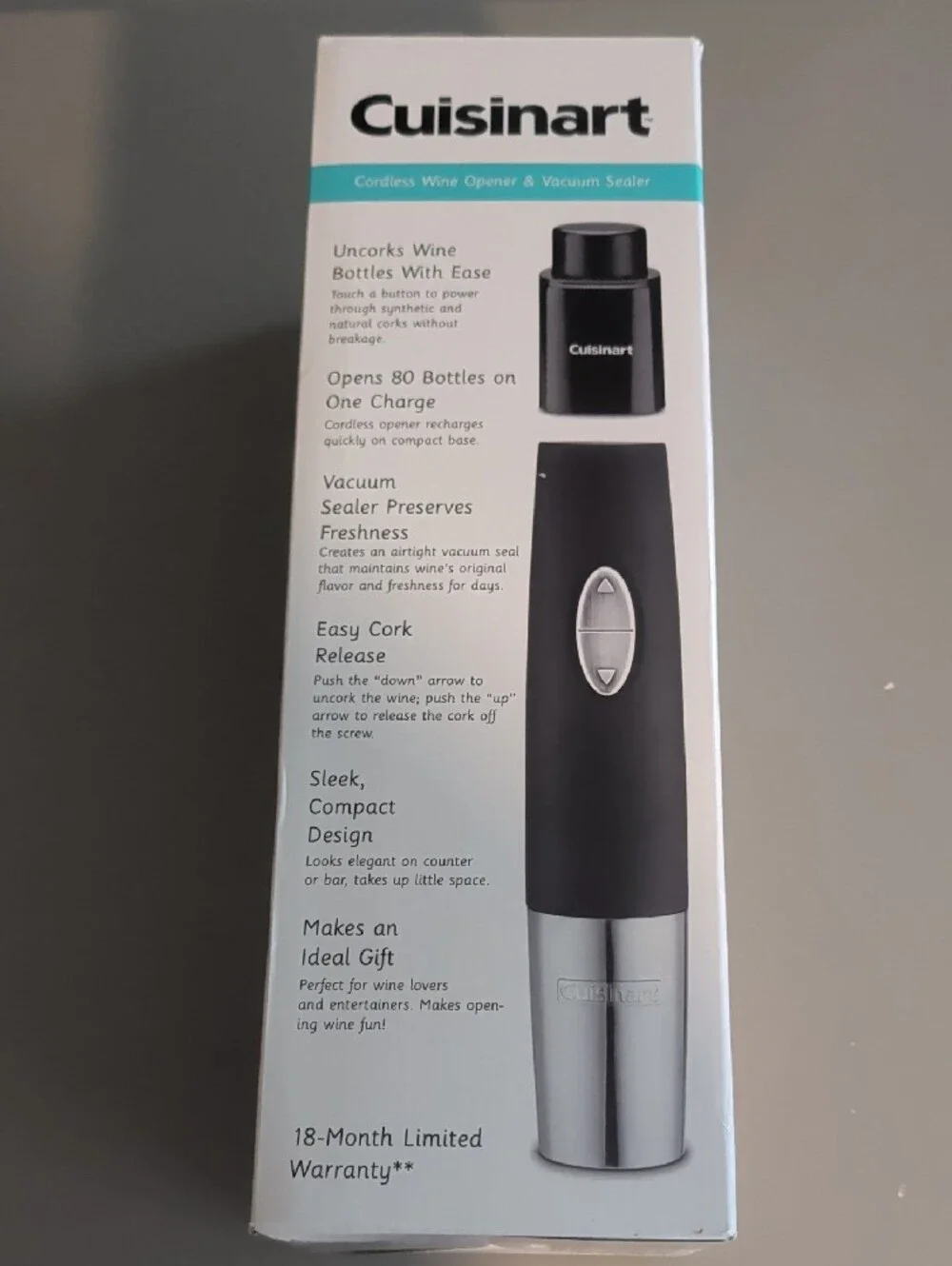 Brand New -Cuisinart Black and Silver Cordless Wine Opener & Vacuum Sealer